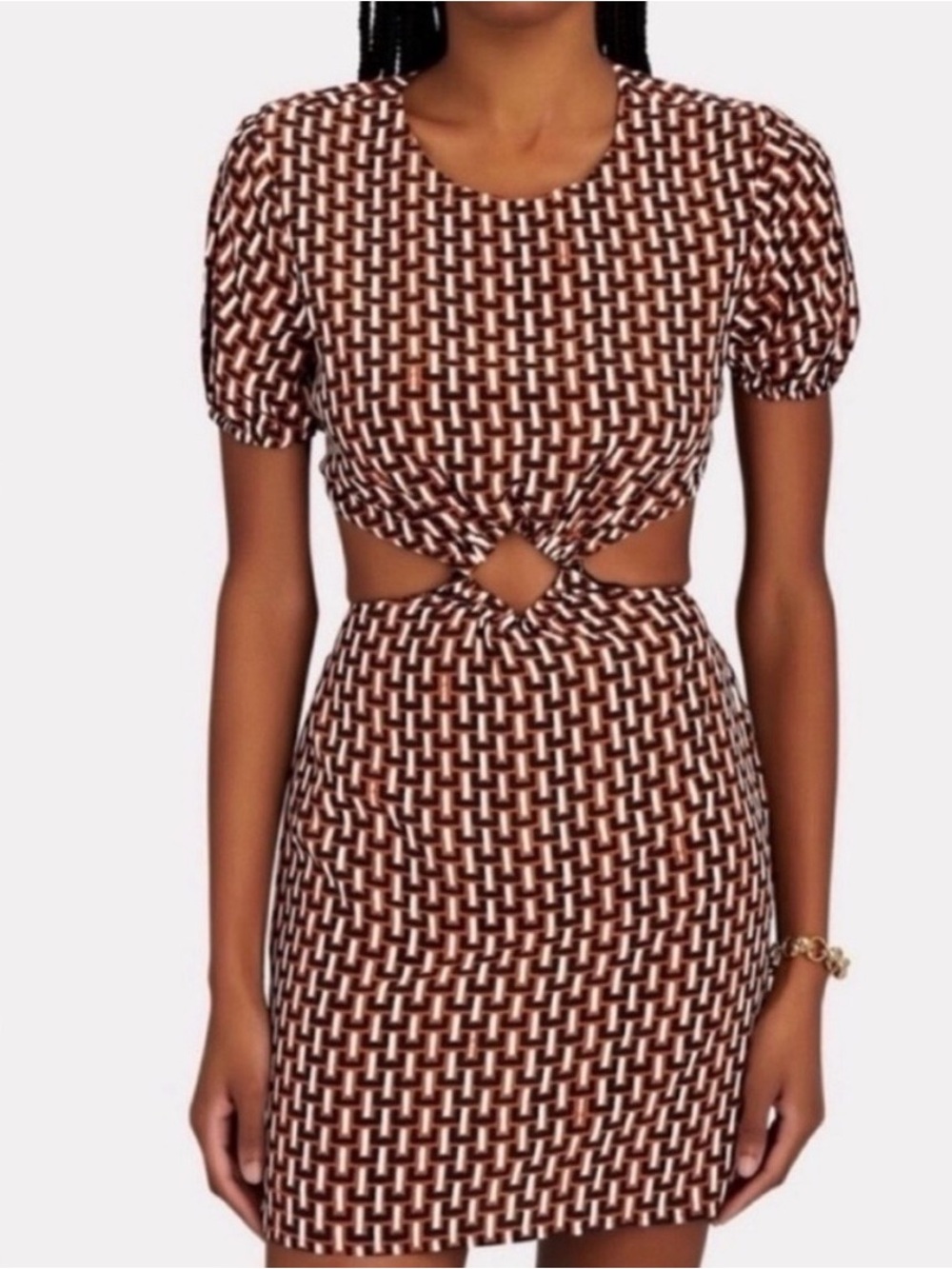 STAUD Brown & White Geometric Cutout Mini Dress